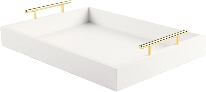 JJSQYLAN Wooden Serving Tray with Handles Rectangle Breakfast Tray for Coffee Table Decorative Ottoman Tray 16”x 12” for All Occasion's (White)