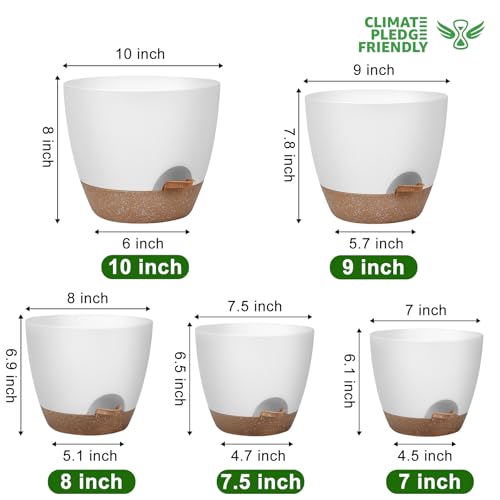Plant Pots 10/9/8/7.5/7 Inch Self Watering Pots, Set of 5 Plastic Planters with Drainage Holes and Saucers,Plastic Flower Pots,Nursery Planting Pot for Indoor Out Door Plants（White）