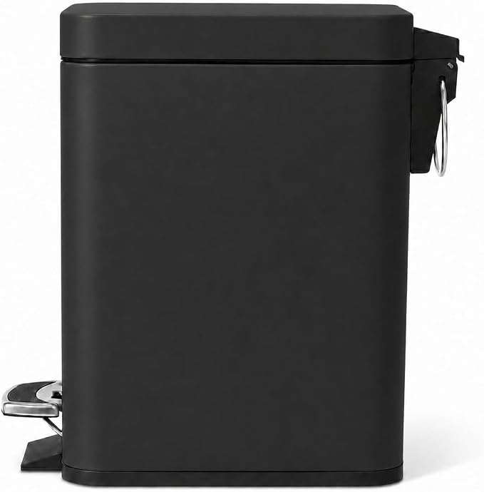 Home Zone Living 1.3 Gallon Small Bathroom Trash Can with Lid and Step Pedal, Stainless Steel Wastebasket with Slim Design for Home and Office, Matte Black, 5 Liters