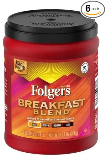 Folgers Breakfast Blend medium_roast Ground Coffee, Smooth & Mild Coffee, 9.6 Ounce Canister (Pack of 6)