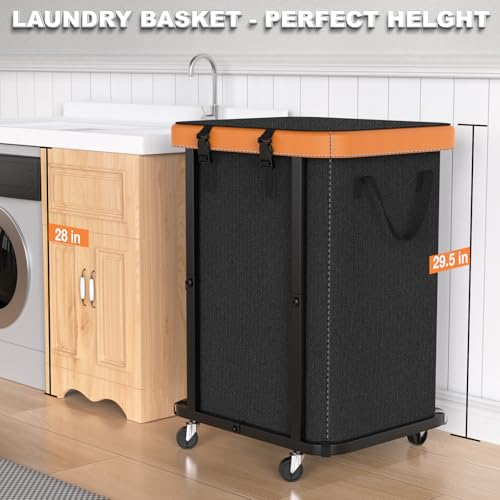 150L (40 Gal) Large Fashion Laundry Basket with Wheels, Leather Patchwork Rolling Hamper Carts, Sturdy Metal Frame, Removable Washable Bag, Tall Clothes Sorter for Bedroom, Laundry Room, Dorm - Black