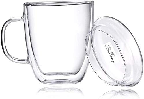 DeFancy Double Wall Coffee Mug 17 oz Insulated Borosilicate Glass Coffee Cup with Handle and Lid