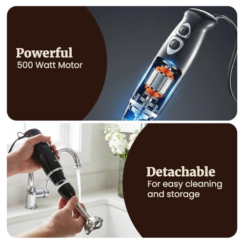 Elite Gourmet EHB1015 Immersion Hand Blender 500 Watts 2 Speed Mixing with Stainless Steel Blades, Detachable Wand Stick Mixer, Smoothies, Baby Food, Soup, Black