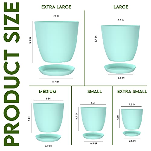 Utopia Home - Plant Pots Indoor with Drainage - 7/6.6/6/5.3/4.8 Inches Flower Pots for Indoor Planter - 5 Pack Plastic Planters - Ideal for Stocking Stuffers or Home Christmas Decorations - Aqua