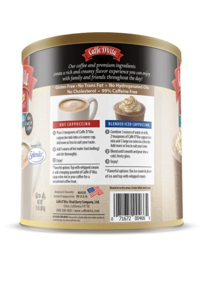 Caffe D'Vita Sugar Free French Vanilla Cappuccino - Instant Coffee Powder Mix, Gluten Free, No Cholesterol, No Hydrogenated Oils, 99% Caffeine Free - 1.5 Lb Can