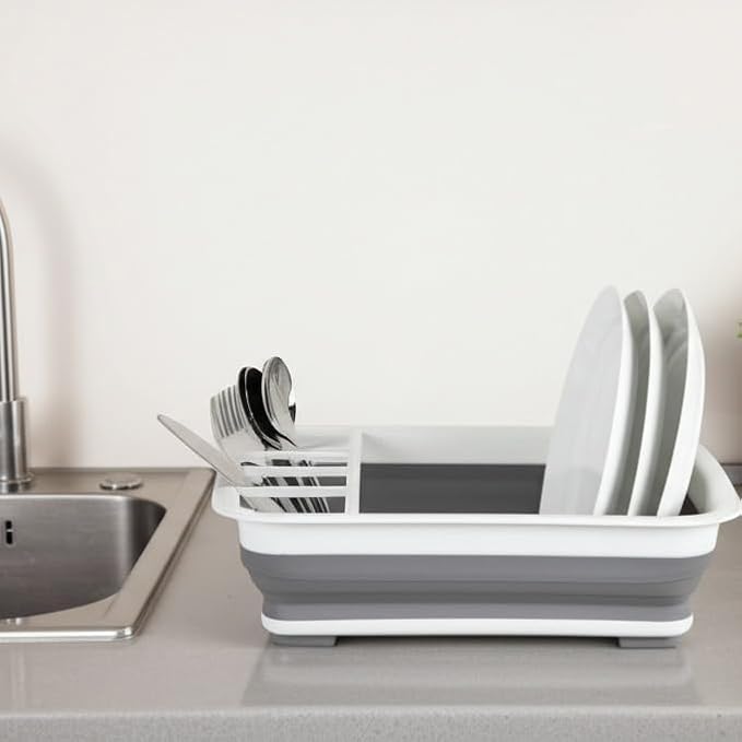 Collapsible Dish Drying Rack, Foldable Dinnerware Drainer Organizer | Space-saving plastic kitchen storage organizer. Compact folding dish drainboard perfect for RVs, camping & small countertops.
