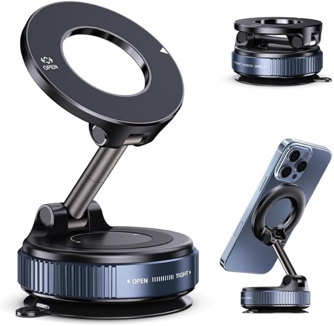 MagSafe Compatible Magnetic Car Phone Mount, Vacuum Suction 108+ lbs Strong Hold, 360° Rotation, Dashboard & Windshield Holder for iPhone 12-16 & Android