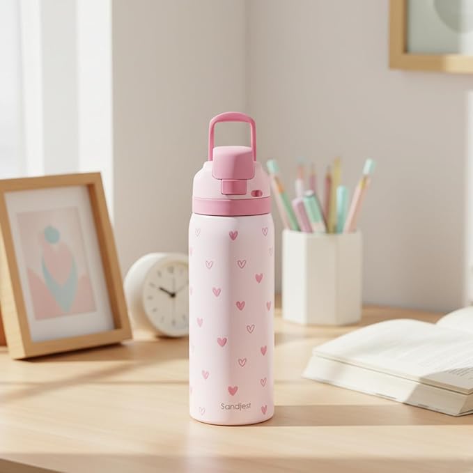 Heart Insulated Stainless Steel Water Bottle with Straw for Sports and Travel, 32oz, Gifts for Women Girls Friends Teens Birthday Christmas