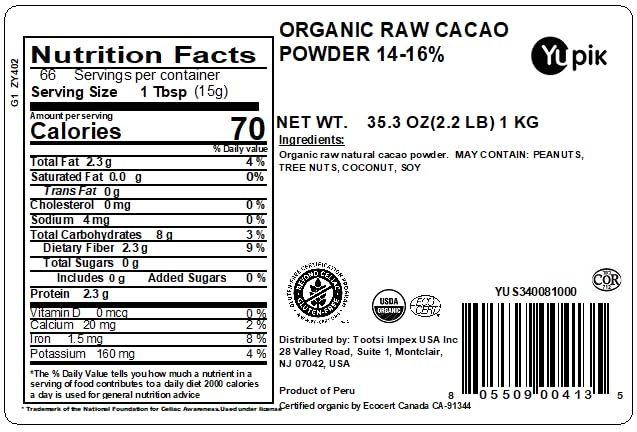 Yupik Organic Raw Cocoa Powder, 2.2 lb (35.2 oz), Gluten-Free, GMO-Free, Kosher, Vegan, Dairy-Free, No Added Sugar, Made from Raw Cacao Beans, Rich Chocolate Flavor, Ideal for Baking & Beverages