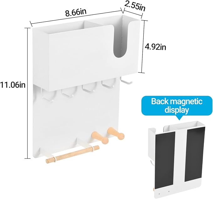 Magnetic Key Holder & Umbrella Holder for Wall, Multi-Functional Entryway Shelf for Tissues. Sturdy Hooks for Keys, Bags. Space Saving Organizer for Apartment, Dorm Room (White)