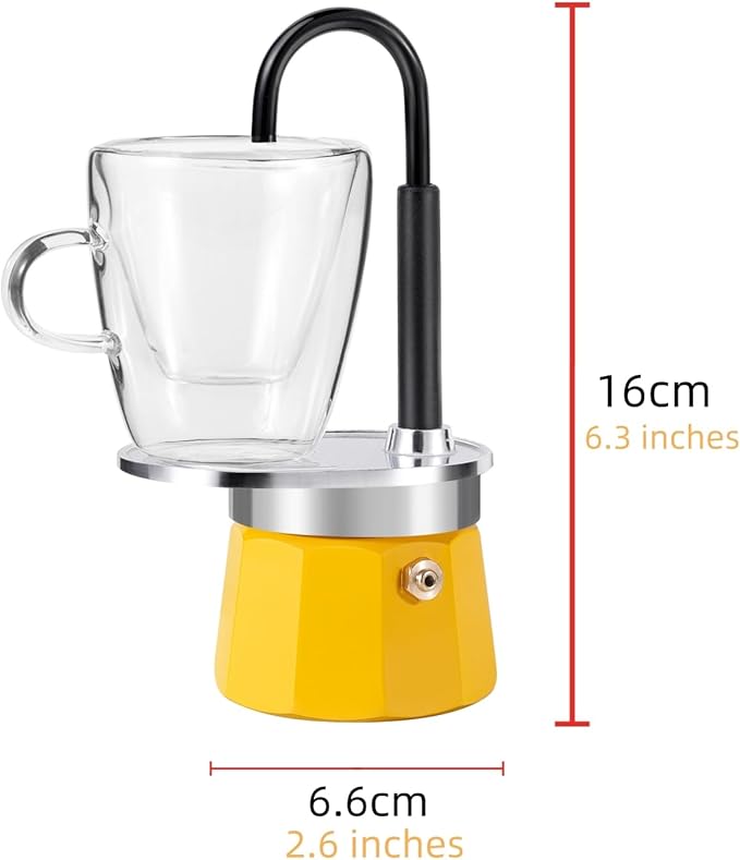 MVPLUE-Mini Express Swiss Single Tube Moka Pot Aluminum Yellow，Moka Set includes One Double Wall 3oz Cup,Enjoy delicious coffee in no time