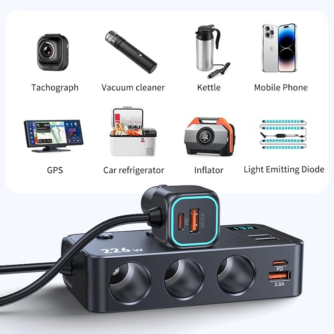 226W Car Charger Cigarette Lighter Splitter, 9-in-1 Multi-Port Car Power Adapter with 3 Sockets, Dual PD USB-C, 4 USB Ports, LED Voltmeter, Fast Charging for 12V–24V Vehicles
