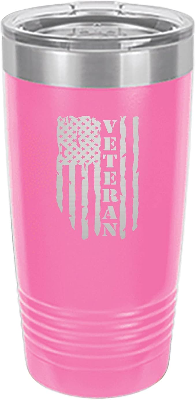 Rogue River Tactical USA Flag Veteran 20 Oz. Travel Tumbler Mug Cup w/Lid Vacuum Insulated Hot or Cold Military Vet Gift (Pink)