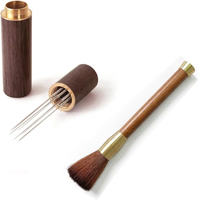 Becho Espresso Distribution Tool With Natural Wooden Storage Tube,8 Needles Ground Coffee Stirrer Tool Portable Coffee Stirrer for Home Kitchen Cafe (Walnut)
