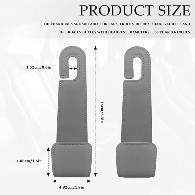 2PCS Purse Holder for Car, Purse Hook for Car, Leather Headrest Hooks for Automotive Back Seat, Auto Accessories Back Seat Organizer Hook for Grocery Bag Handbag Coat (Grey, 2PCS)