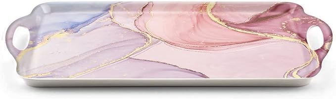 Serving Tray Decorative Tray with Handles Multi-Purpose Rectangular Serving Trays for Restaurant, Parties, Coffee Table, Kitchen - Pink Marble Pattern