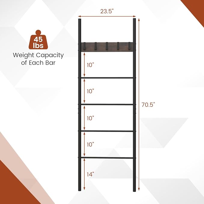 S AFSTAR Wall Leaning Blanket Ladder, 5-Tier Ladder Shelf with 5 Removable Hooks, Industrial Blanket Holder Rack, Drying and Display Rack for Bathroom, Living Room, Entrance, Rustic Brown