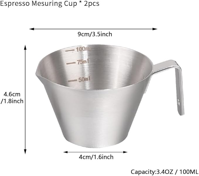 2 Pcs Espresso Cups with Handle, BetterJonny 3.4OZ / 100ML Stainless Steel Coffee Bean Dosing Cup Espresso Machine Accessories,V-Shaped Mouth Metal Measuring Cup with Scale for Bar Home Party