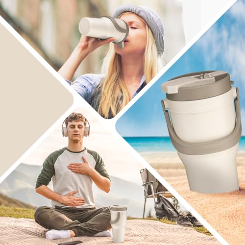 Large Insulated Reusable Travel Mug with Handle, for Hot & Cold Drinks Durabile BPA-Free Plastic, Microwave & Dishwasher Safe, Portable Travel Coffee Tumbler Cup - 100% Leakproof Lid - 32 oz (Beige)