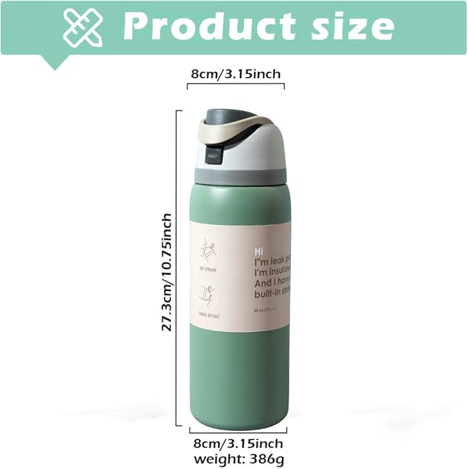 DUTHINGS Insulated Stainless Steel Water Bottle with Straw, 32 oz, Reusable Sports and Travel Bottle for School, Kids, and Outdoors - Leakproof and BPA-Free (GREEN)
