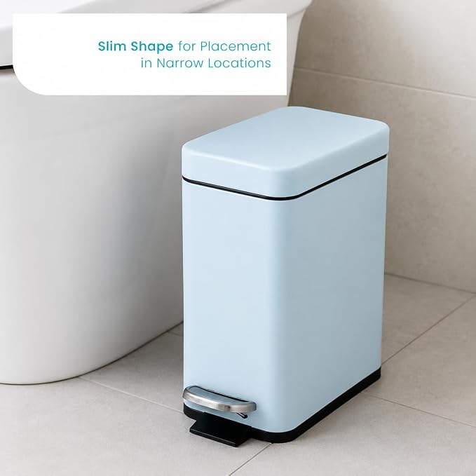 Home Zone Living 1.3 Gallon Small Bathroom Trash Can with Lid and Step Pedal, Stainless Steel Wastebasket with Slim Design for Home and Office, Matte Powder Blue, 5 Liters