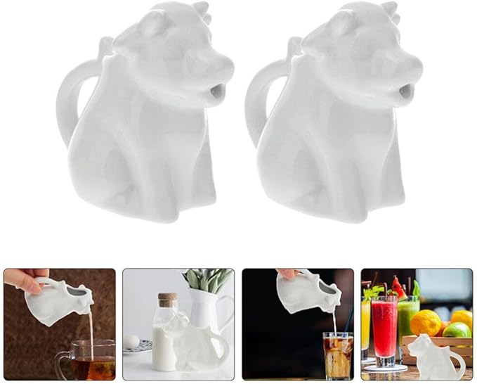 STOBAZA 2 Ceramic Pitchers For Cream Cow Figures Gravy Boat Animal Shape Milk Jug Cup Coffee Syrup Server Sauce Bowl For Salad Tea Milk Pourer, 7X8X4CM, White