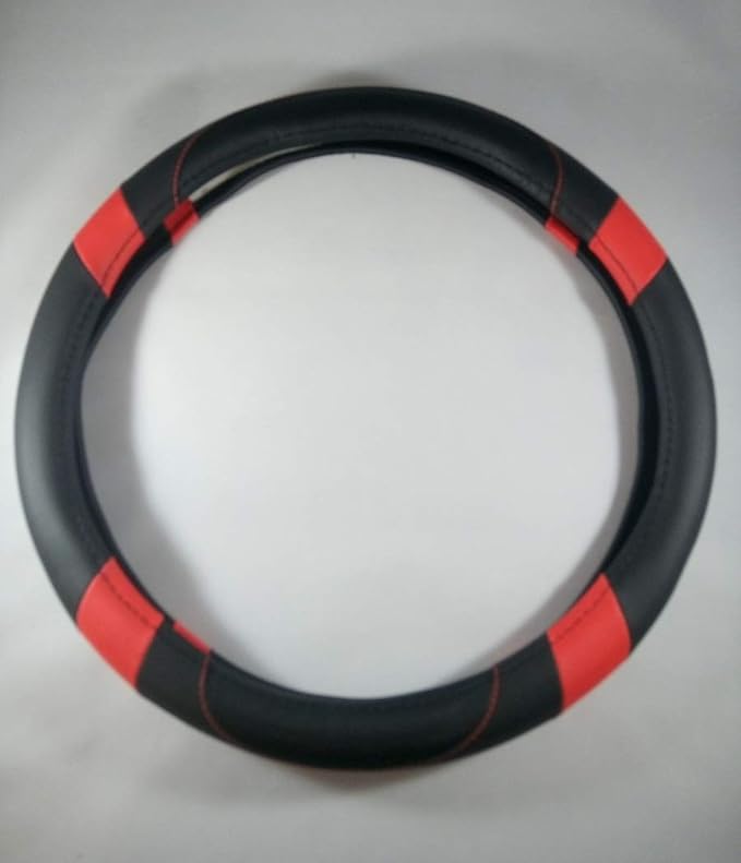 Jdragon Black & Red PU Leather Best Grip Slip-On Steering Wheel Cover 14.25-15" Diameter