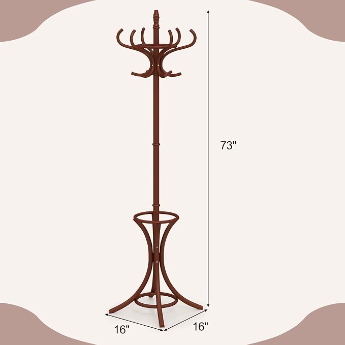 Giantex Solid Wood Coat Rack, Freestanding Hanger Stand w/12 Hooks, Umbrella Holder, Entryway Hall Tree for Coat, Hats, Scarves, Bags, Wooden Garment Rack for Bedroom, Hallway (Reddish Brown)