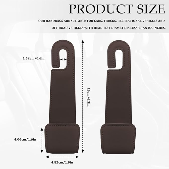 2PCS Purse Holder for Car, Purse Hook for Car, Leather Headrest Hooks for Automotive Back Seat, Auto Accessories Back Seat Organizer Hook for Grocery Bag Handbag Coat (Brown, 2PCS)