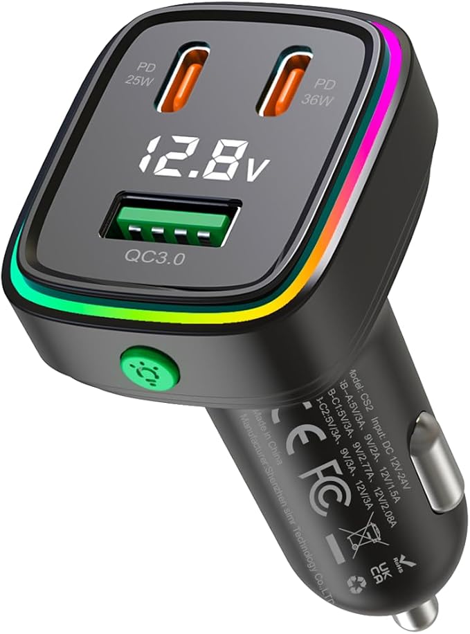 60W Fast Car Charger USB C Quick Charging Adapter PD 36W Fast Charging with Led and Voltage Display for iPhone16 15 X Samsung