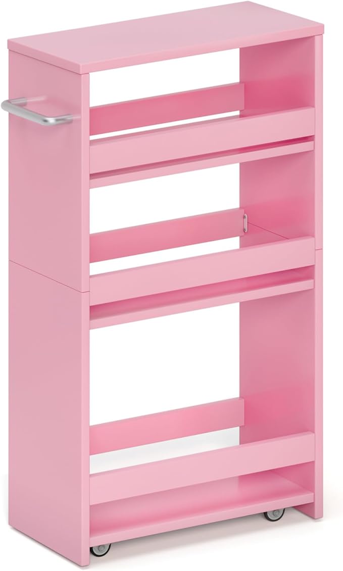 MARTY Rolling Storage Cart 7.9" W, 4-Tier Kitchen Cart with Wheels Handle, Slim Storage Cart Mobile Shelving Utility Carts for Bathroom Laundry Room Organization Narrow Places (Pink)