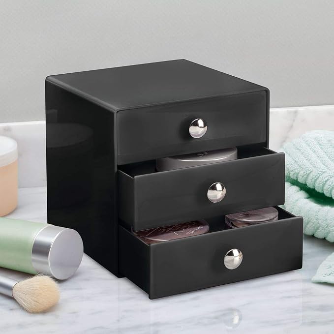 iDesign 35360 3-Drawer Plastic Vanity Organizer, Compact Storage Organization Set for Cosmetics, Dental Supplies, Hair Care, Bathroom, Dorm, Desk, Countertop, Office, 6.5" x 6.5" x 6.5", Black