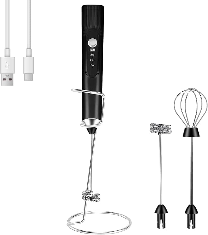BEoffer Milk Frother Handheld + Stand Rechargeable 2000mAH Power Frother Wand Electric Foam Maker with 2 Stainless Whisks 3 Speeds Drink Mixer Coffee Frother for Latte, Cappuccino Matcha Hot Chocolate