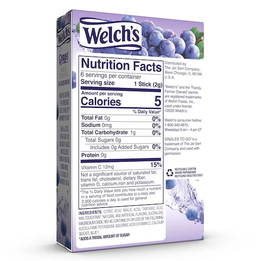 Welch's Singles To Go Drink Mix Grape, 6 Boxes with 6 Packets Each- 36 Total Servings