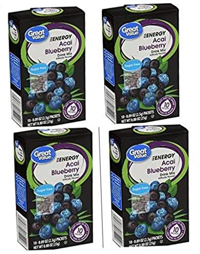 Great Value Energy Acai Blueberry Sugar-Free Drink Mix 10 per box (4 boxes)