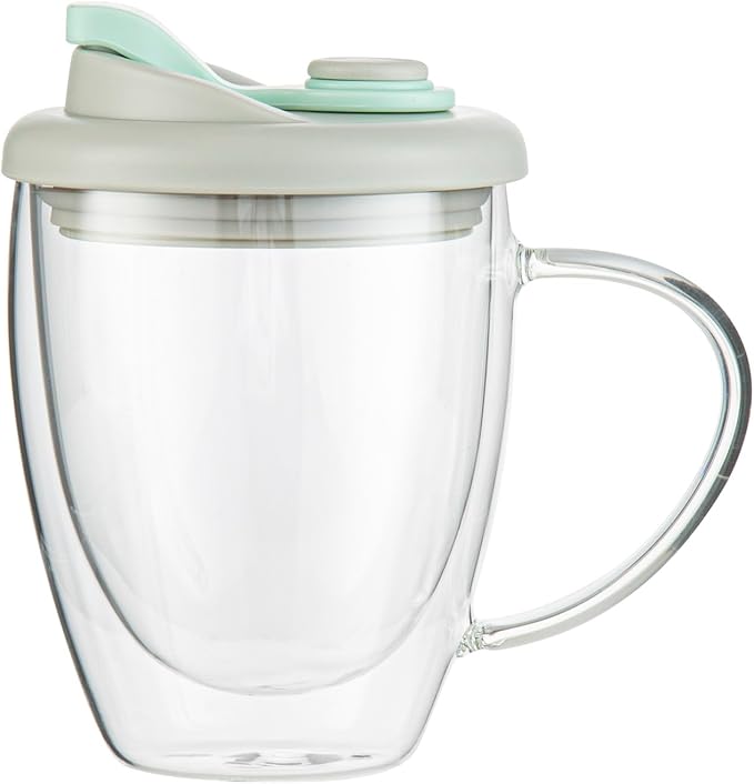 Restaurantware Glass Travel Mug 1 Count 12 Ounce Double Wall Borosilicate Reusable Coffee Cup, Spill-Resistant Gray and Green Silicone Lid, Clear Drinkware Mug for Hot and Cold Beverages