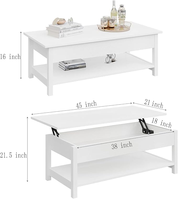 Panana Lift Top Coffee Table with Hidden Compartment and Open Shelf, Lift Tabletop Pop-Up Coffee Table for Living Room, 45.28" L, White