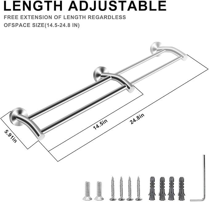 MGahyi Adjustable Double Towel Bar 14.5-24.8Inch, Matte Telescopic Stainless Steel Wall Mount Towel Holder, Rustproof Towel Rack for Bathroom Kitchen RV Laundry Hotel (Silver, Double-Bar)