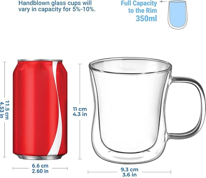 ecooe 12 oz Double Walled Glass Coffee Mug Latte Cappuccino Cups Set of 2, Clear Glass Coffee Cups with Handle, Insulated Coffee Cup Borosilicate Heat Resistant Double Wall Glass Coffee Mug Tea Cups