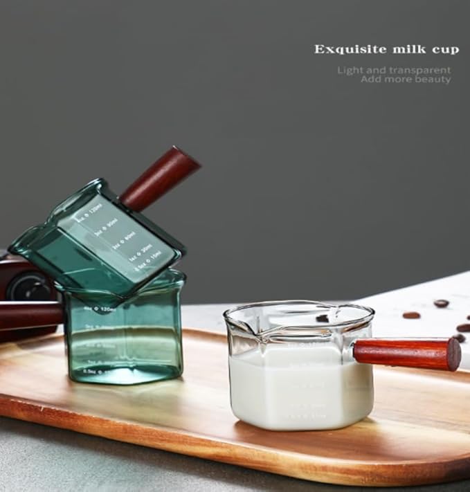 4OZ /120ML Ash Black Double Spouts Espresso Measuring Cup hexagonal Milk Cup with Red Sandalwood Handle Shot Glasses Clear Double Spout Espresso Glass Measuring Tools n Scales