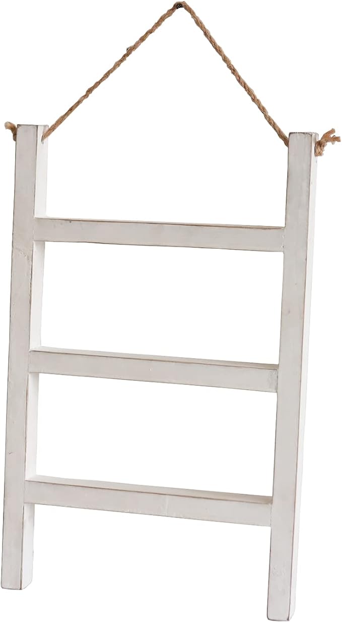 Joy Choice 16" Farmhouse Style 3-Tier Blanket Rack - Wall Hanging, Mini Ladder, Towel Rack for Bathroom, Living Room & Kitchen (White)