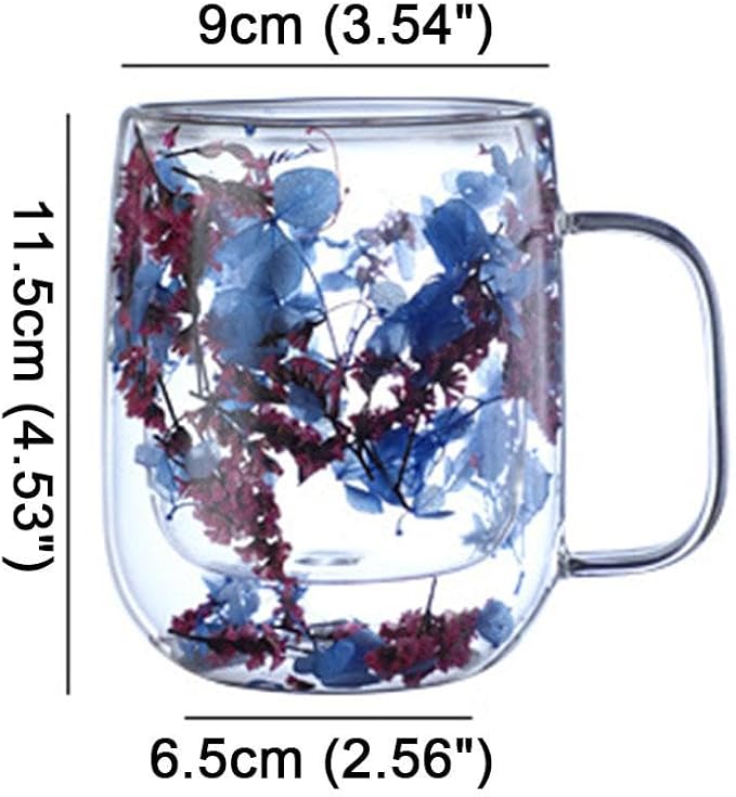 15.2Oz Double Glass Flower Tea Cup,Dried Flowers Insulated Glass Double Wall Coffee Mug With Handle,Transparent Doubles Glases Flower Tea Cup Latte Coffee Cups,Valentines Day Party Gifts