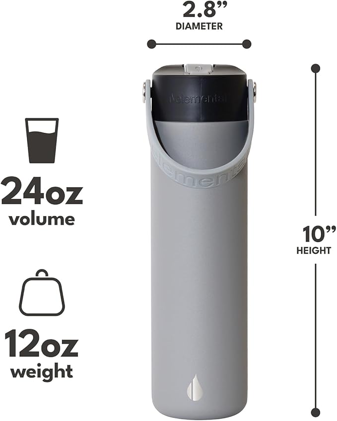 Elemental 24oz Insulated Water Bottle with Straw - 100% Leak-Proof Stainless Steel Core Water Bottles for Travel, Sports and Gym - Double Wall Insulation & BPA Free - Graphite
