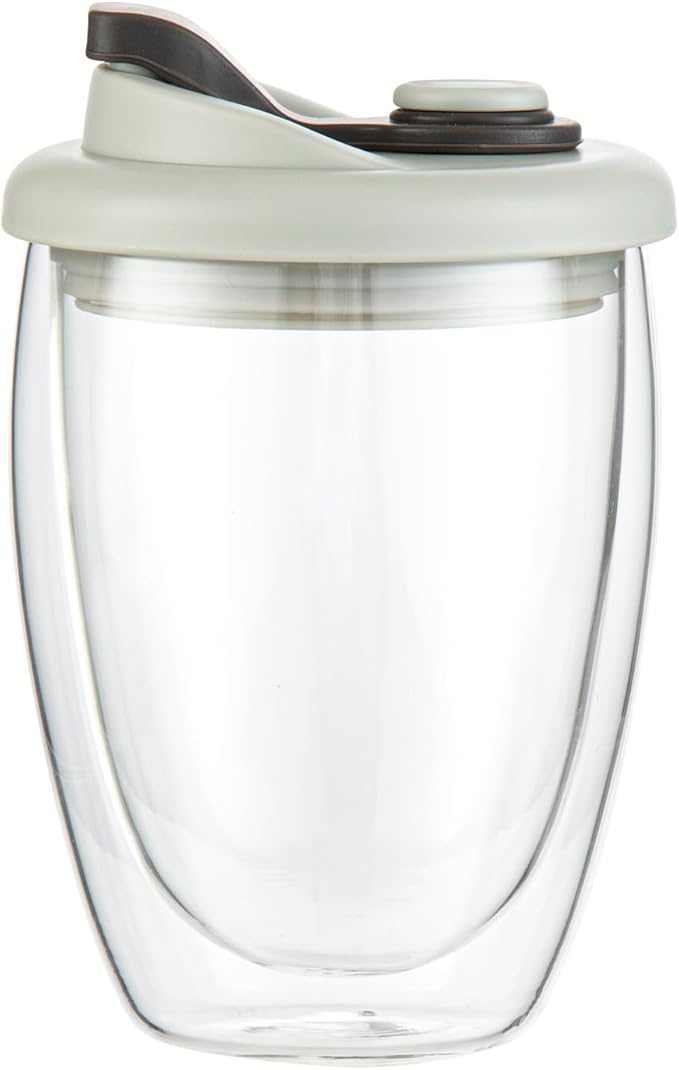 Restaurantware Glass Travel Mug 1 Count 12 Ounce Double Wall Borosilicate Reusable Coffee Cup, Spill-Resistant Gray Silicone Lid, Clear Drinkware Mug for Hot and Cold Beverages