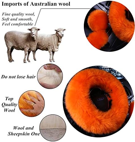 15inches Universal Leather Car Steering Wheel Cover Car Accessories Colorful Fuzzy Steering Wheel Cover Gear Shift Cover Handbrake Cover (Orange)