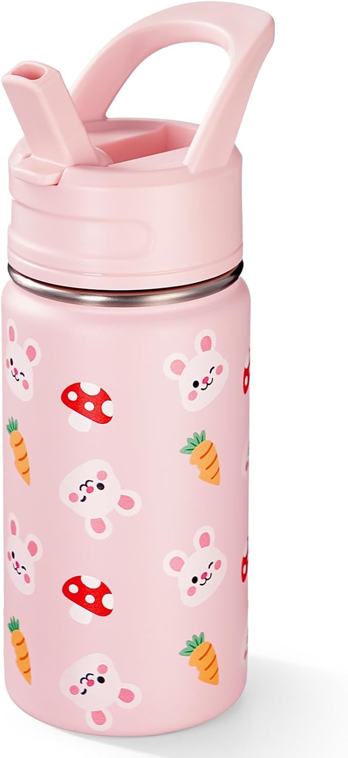 12oz Water Bottle for School, Bottles with Straws, Stainless Steel Vacuum Insulated Water Bottle, Leak-Proof, BPA-Free, Pink Rabbit