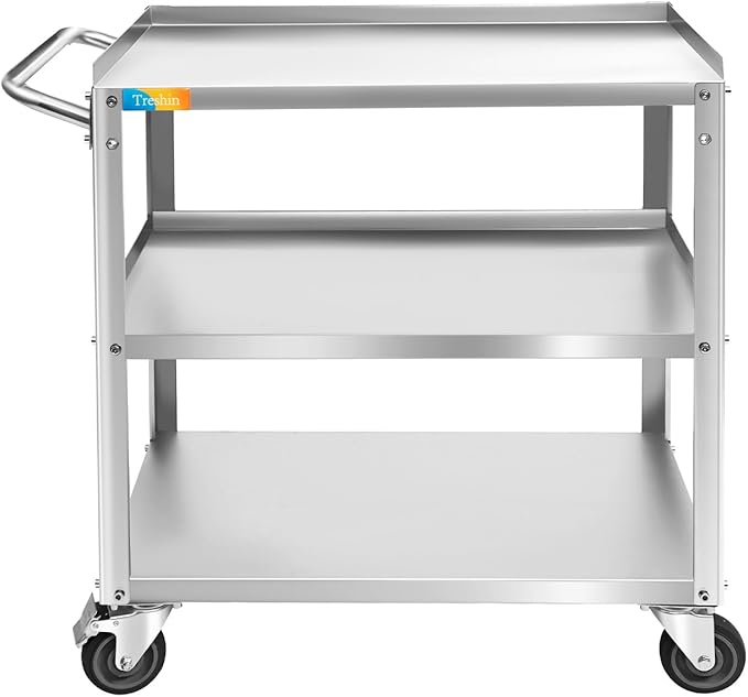 Treshin 3 Tier Stainless Steel Utility Cart Commercial Heavy Duty Rolling Cart Food Storage Service Trolley with Handle and Wheels for Kitchen Restaurant Hospita Lab and Hotel 16.5"W x 27.6"L x 31.9"H