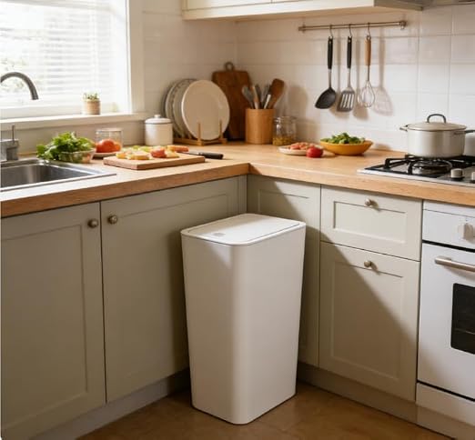 Compact Push-in Trash Can with Lid for Bathrooms, Kitchens, Living Rooms, Offices, Etc., Trash Can with Pop-Up Lid, 10 Liter/2.6 Gallon Slimline (White，2 Pieces)
