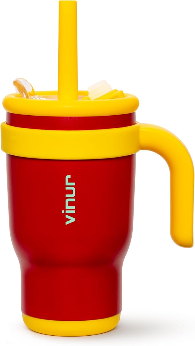 VINUR Kids 14 oz Tumbler with Handle and Straw Lid | Leak Resistant | Reusable Stainless Steel Insulated Tumbler Travel Water Mug with Rubber Base-Cup Holder Friendly, Canyon Red