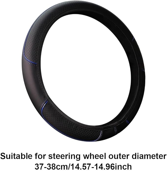 Queenbox Faux Leather Car Steering Wheel Cover, Anti-Slip Grip Diamond Quilted Protector Universal for 14.5-15in Round D Vehicle SUV Truck, Black Blue